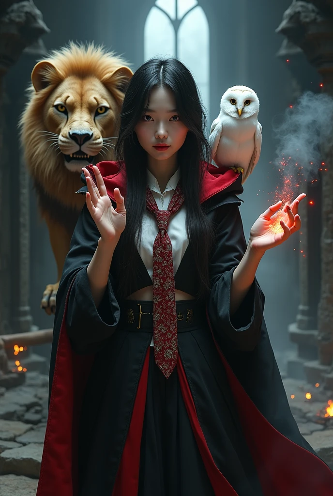 photo, asian woman, white skin, Slender face, Facing straight, Fluffy black hair, Long slender fingers, Black witch cloak, Red Hood, black witch hat, White collared inner shirt, Red and white patterned tie, Holding a small wand, There were several red sparks and red smoke coming out of the wood., A white owl stands on the right shoulder., A large golden lion appeared from the left rear side., The background is an old black castle.