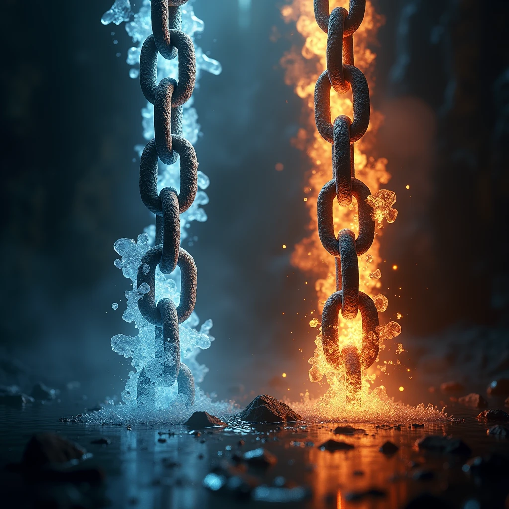 On the left is a huge chain with an ice effect., On the right is a huge chain with a fire effect., The chain is floating in the air, movie lights, shining light, Photo focused on the chain, Accurate and flowing chain