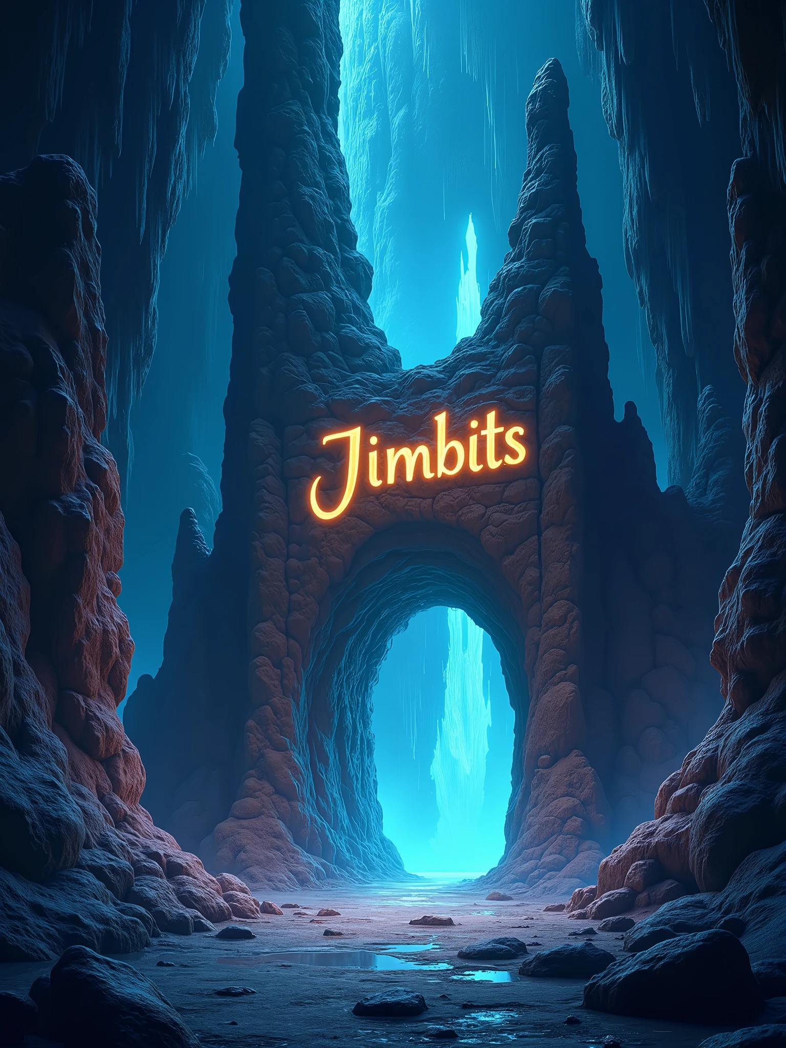 **Prompt:** *Create a mystical cave scene labeled "Roncador" at the entrance. The cave is large and mysterious, with towering stalactites and stalagmites illuminated by an ethereal glow. The word "Jimbits" is carved into the rock above the entrance in ancient, glowing script. Inside, the cave is filled with shimmering crystals that emit soft light, casting reflections on the walls. Wisps of mist float through the air, adding to the enigmatic atmosphere. The cave should feel ancient and magical, with deep shadows and a palette of dark blues, purples, and glowing whites to enhance the mystical ambiance.