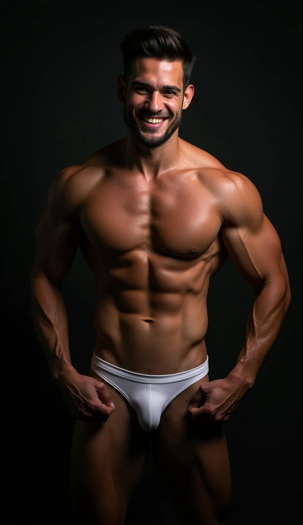 best quality, masterpiece, hyper realistic, extremely detailed, "0" text in yellow neon lights in the background, huge bulge in tiny white string jockstrap, extremely handsome brazilian man, hands on hips, grinning, athletic, half body, fill frame, dark cinematic lighting, extremely dramatic shadows, no background, perfect face, perfection, no signature, no logo