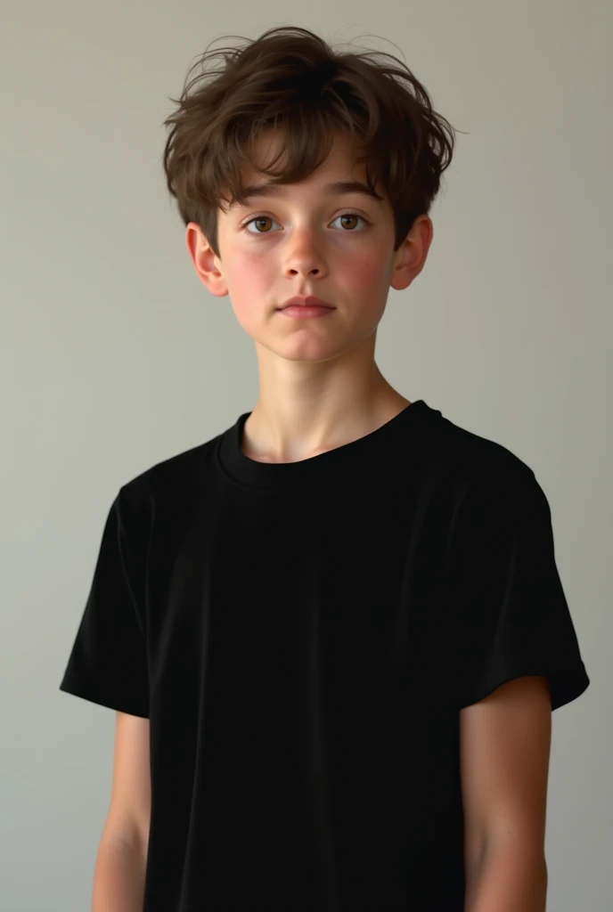 A beautiful and very tender 13-year-old boy with white skin, small blue eyes., light brown hair fine and serious features very serious well groomed sad melancholic look topless strong defined pectorals, piernas definidas, bulto prominente, cuerpo entero