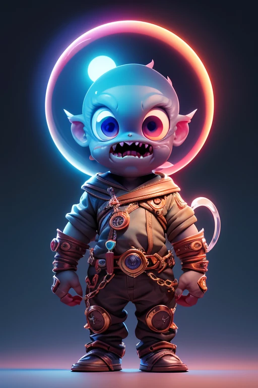 Create a monster image, a small, big-headed, baby monster.. The body is transparent and can be seen through. The image is sharp and detailed., with beautiful colors.. With arms, leg, eyes, mouth, พื้นหลังสีlegว