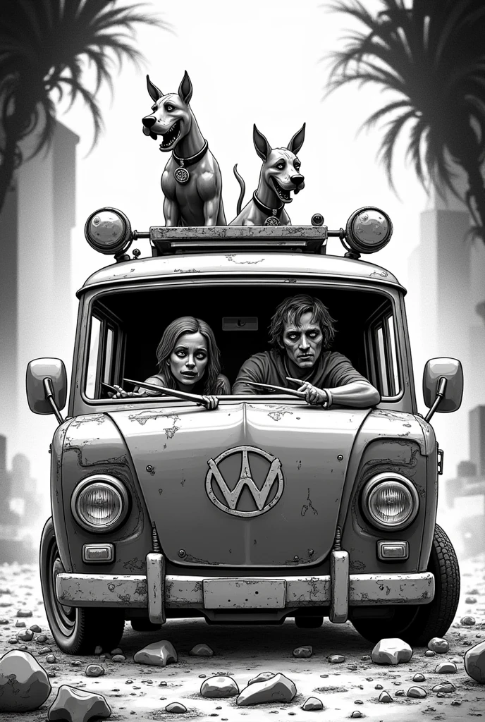 Masterpiece cyberpunk comic in black and white, the characters Shaggy and Scooby as cybernetic zombies in the background of the mythical van, ultra detailed image in 8k, Shaggy zombie, Scooby zombie, van of mysteries, terrifying cyberpunk image,
