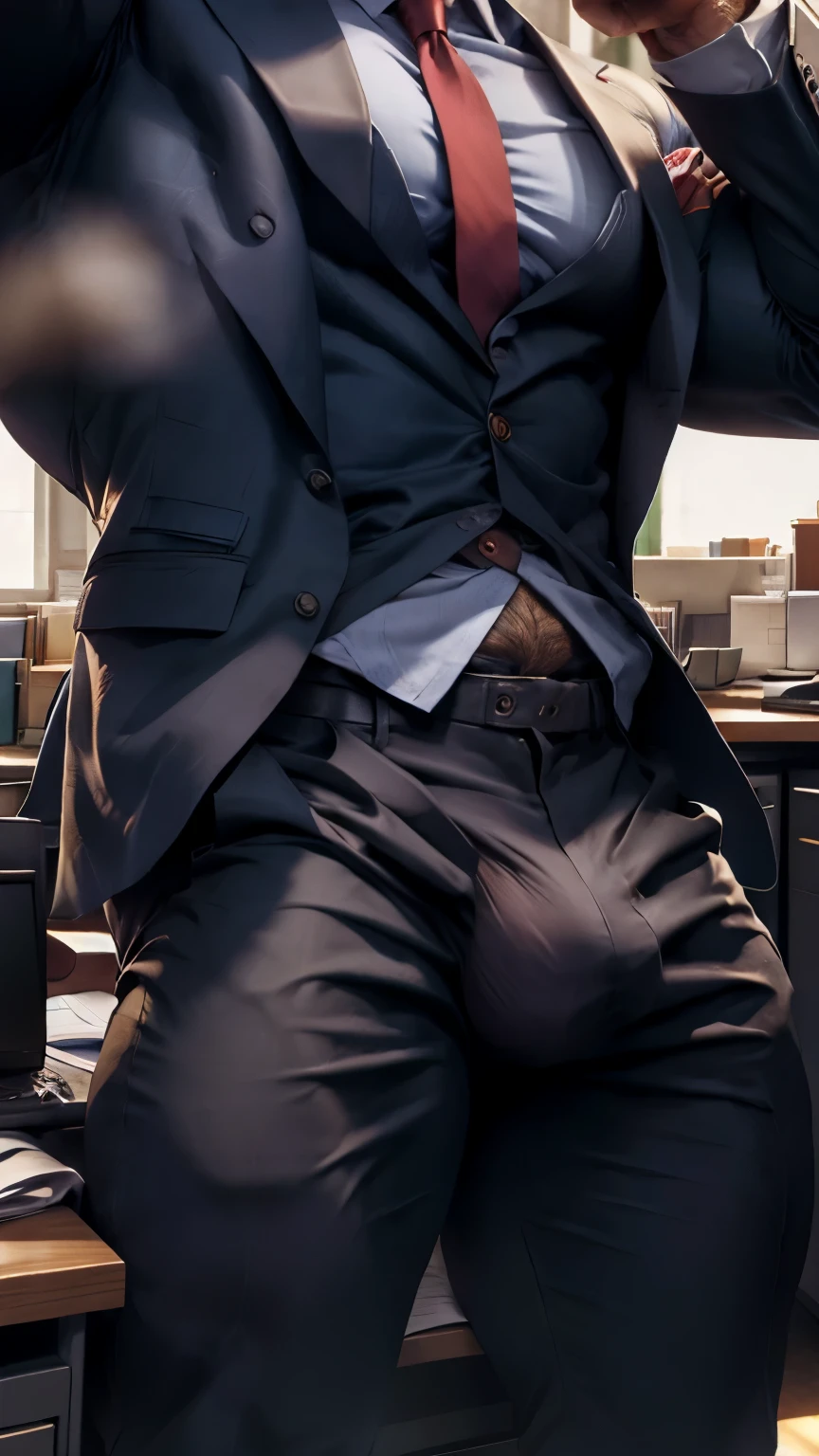 Only chest to thighs view, Front open Office suit and showing hairy chest close up focus on press down bulge by hand wetty bulge indian perfect wetty big hairy monster bulge in pant, masterpiece