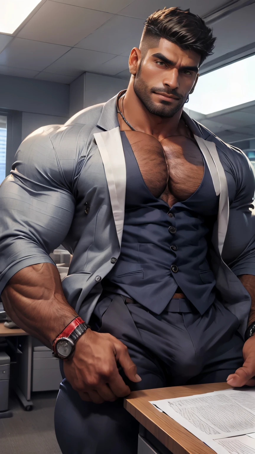 Only chest to thighs view, Front open Office suit and showing hairy chest close up focus on press down bulge by hand wetty bulge indian perfect wetty big hairy monster bulge in pant, masterpiece
