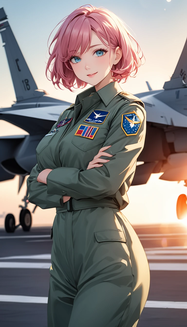 独奏, cowboy shot, hot pink hair, very short hair、a girl、24-years-old、Best Bust、Large Breasts、Beautiful Eyes、Blue Eyes, masterpiece, High resolution、8K quality、Anime Style、Cute face、((Top quality eyes)), Natural smile、Green US Air Force military suit, Natural light, On the aircraft carrier、F-18 military air force base background aircraft, Model Pose, Lens flare