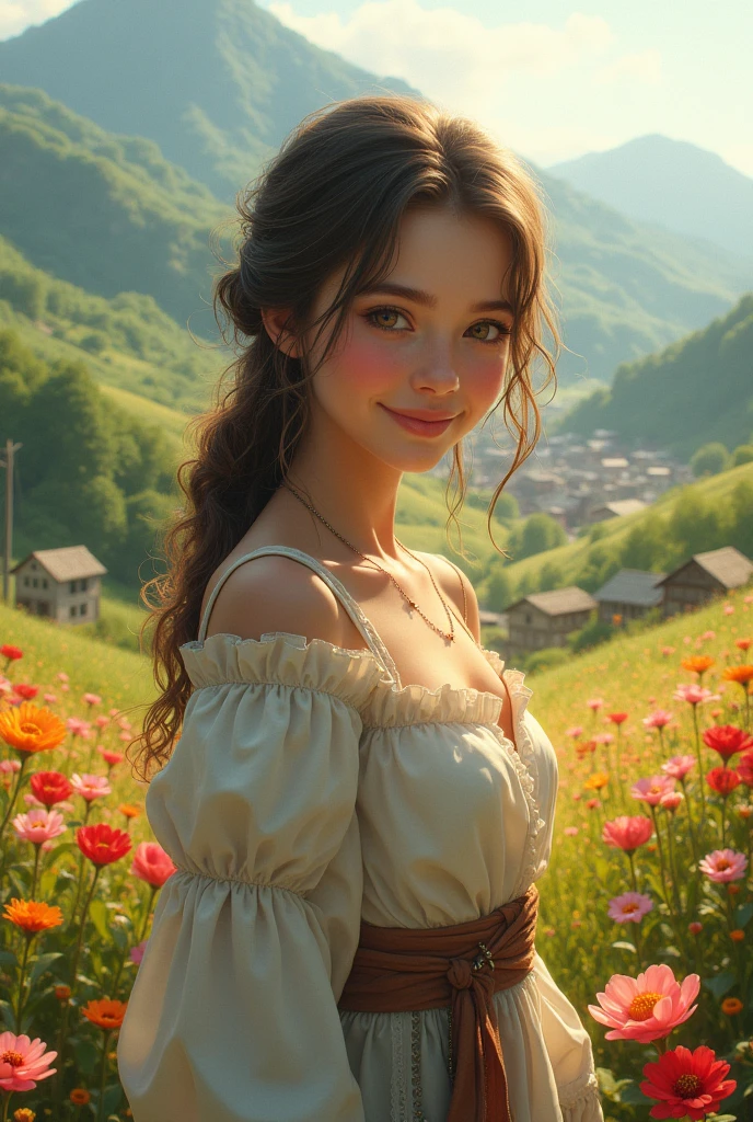 A beautiful girl living in a village area in a valley with lots of flowers in valley.It looks so beautiful as smile.And eyes looks many mesmerising for anyone 