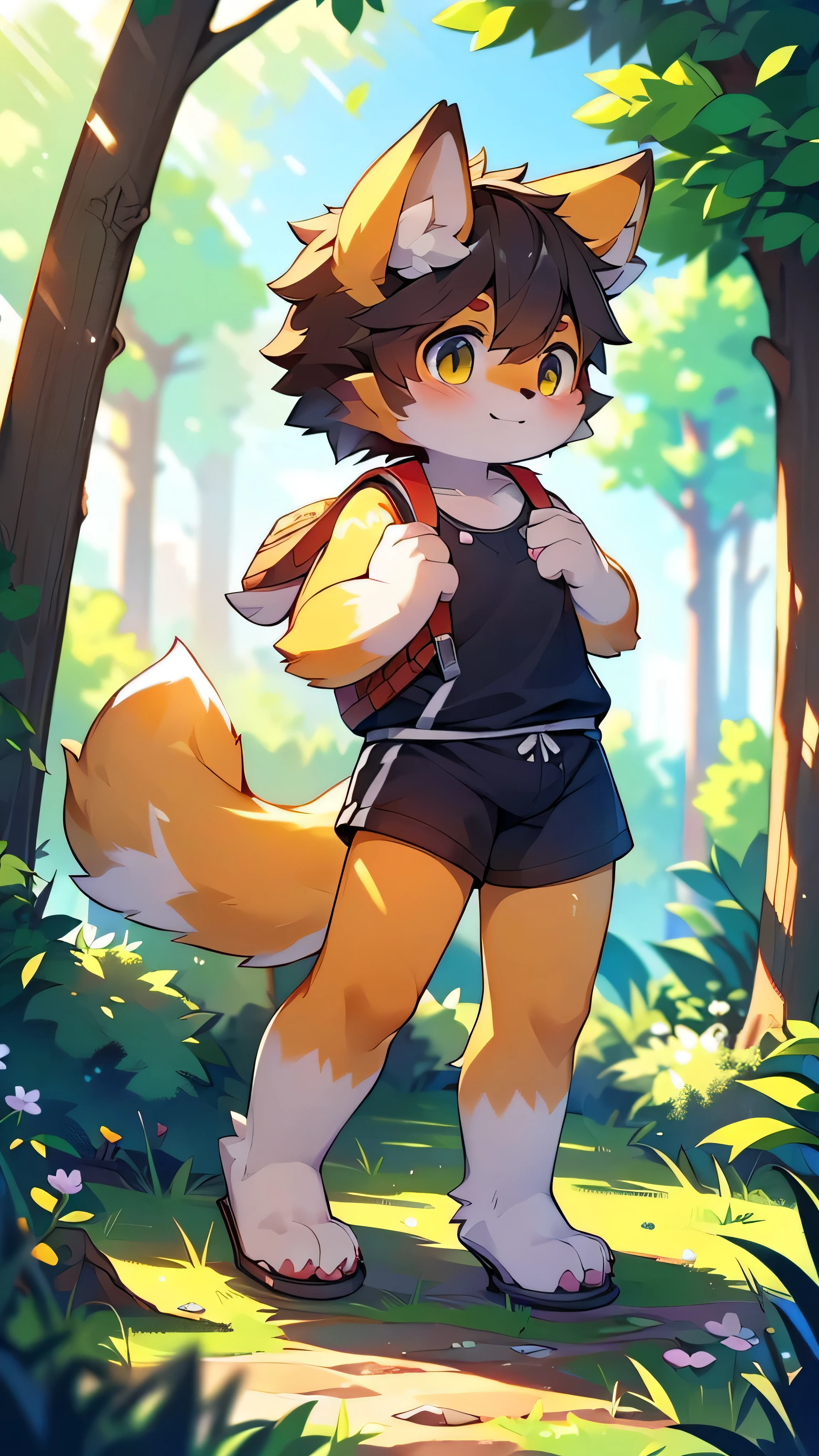 Features,super high quality,Very detailed,High resolution,超High resolution,Detailed Background,countryside,Not very detailed,超High resolution,Horny boy always details,超High resolution,Horny boy(Photos of solo travelers) (kemono,Furry Personification),Fluffy fur,かわいい耳のFeatures,yellow,dog,Wear a swimsuit,Black Swimsuit,bright,Shorts,alone
