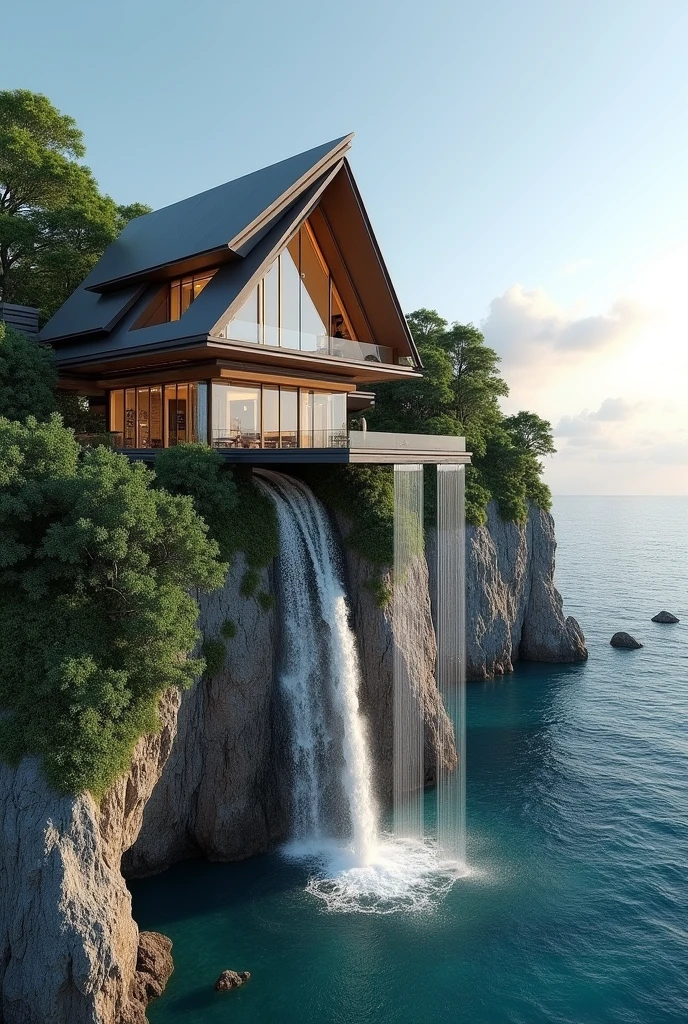 show me some ai generated pictures but with these set up imagination.
The house is more like taking place in a west Philippine sea but the house was placed on a cliff. The client who wants the house is a Geometric lawyer. Geometric means shape and the client wants to take advantage of the view of west Philippine sea and vistas which means far views. Then try to think of putting triangle roofs parag to serve slope for rainwater, to create artifical water fall and make the concept of design leverage just like archimedes. Also make the picture angel seeing almost the whole architecture of the house. And by the shape make it geometrical to be interesting as possible