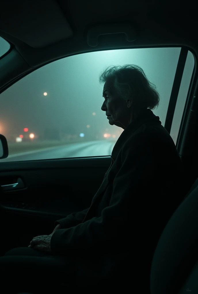 The view from inside the car shows the shadow of an old woman by the window in the foggy night