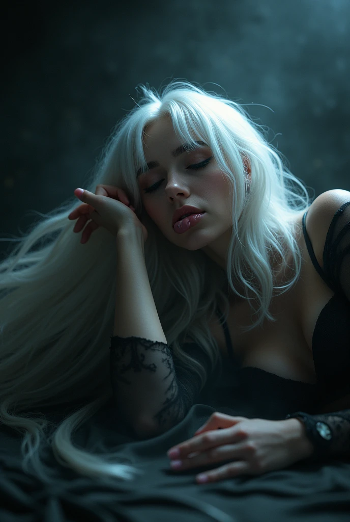 (Front focus), (in the darkness:1.6), 幻想Art, Photo-realistic, Dynamic Lighting, Art, 1 Girl, in the darkness, Deep Shadows, Long hair, White hair,Supine,Licking lips,Charm,lie on the floor,heart