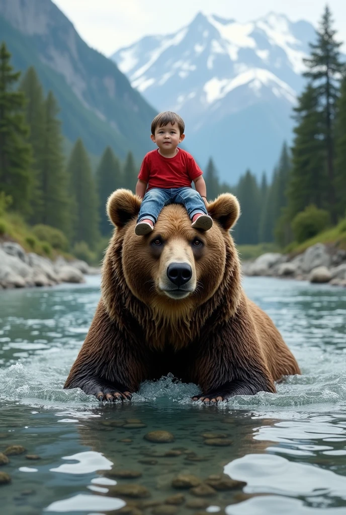 A big brown bear is sitting and bathing in a deep river in the summer wilds, a cute boy wearing red t shirt and jeans perched on his head, very beautiful sparkling water surface, crystal clear water, gravel on the river bottom, beautiful alpine mountains in the distance, realistic photo