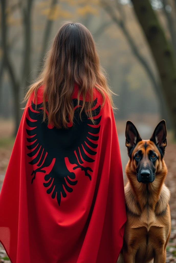 Young woman long brown hair from behind with an Albanian flag. Next to it is a German shepherd 