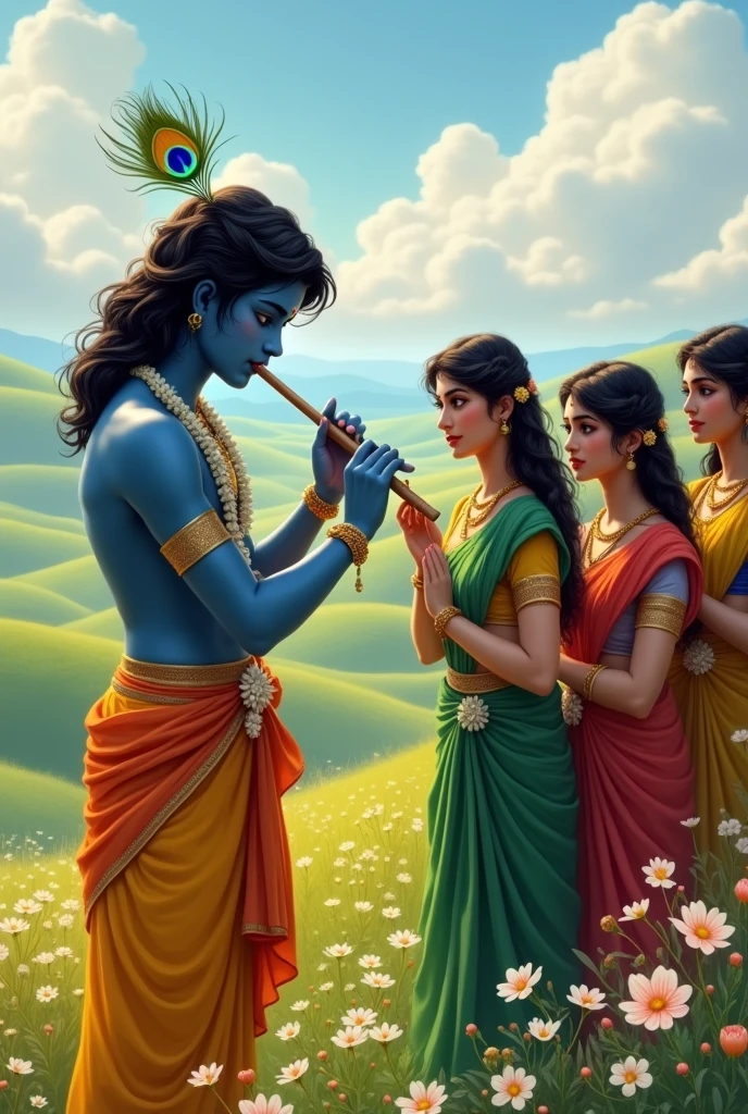 On a hill, adult Lord Krishna stands in radiant repose, his dark blue complexion accentuated by the peacock feather on his head and a garland of delicate white flowers around his neck. As he plays his flute, the melody drifts through the air, captivating the beautiful adult Gopis who stand before him. The Gopis, dressed in vibrant ghagra cholis of green, yellow, and red, listen intently. Their hair is adorned with small flowers, elegantly braided, enhancing their grace and the enchanting atmosphere of the scene. There are flowers growing in the meadows.