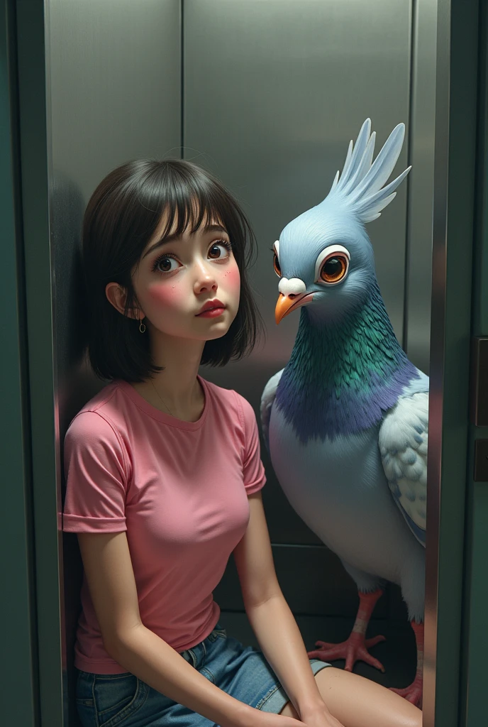  in a pink t-shirt and a pigeon girl stuck in an elevator