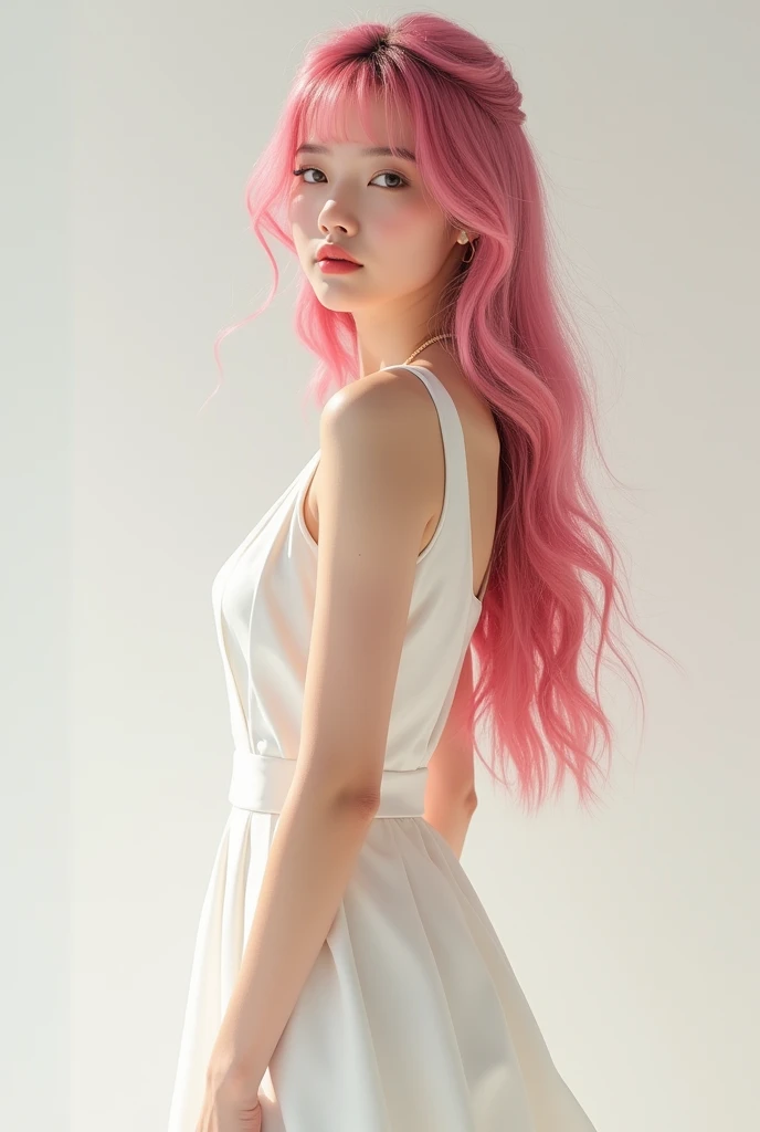 Korean ka-pop member long hair with pink bangs slim with medium breasts and white brand dress pretty young
