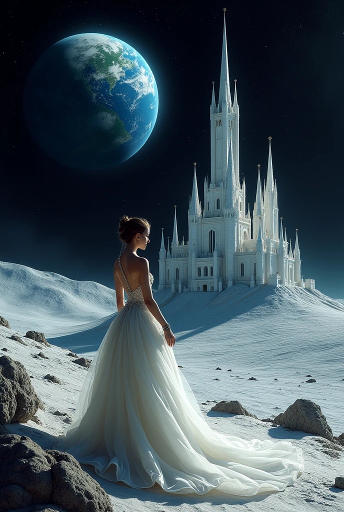 on the moon there is a castle and a princess looking back at the earth
