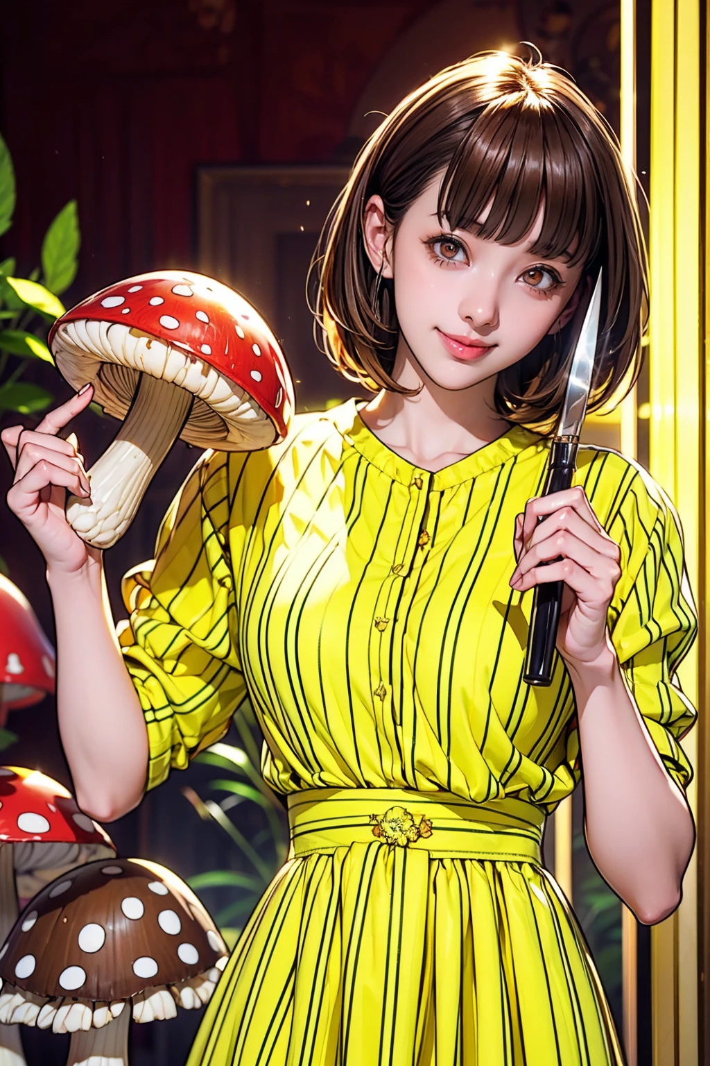 Red eyes, girl, holding a knife, yellow-green striped shirt with thicker stripes, red eyes glowing red, head tilted, short brown hair mushroom head, with a clear smile on his face, Chara, two-dimensional, standing among golden flowers with a ray of light above his head