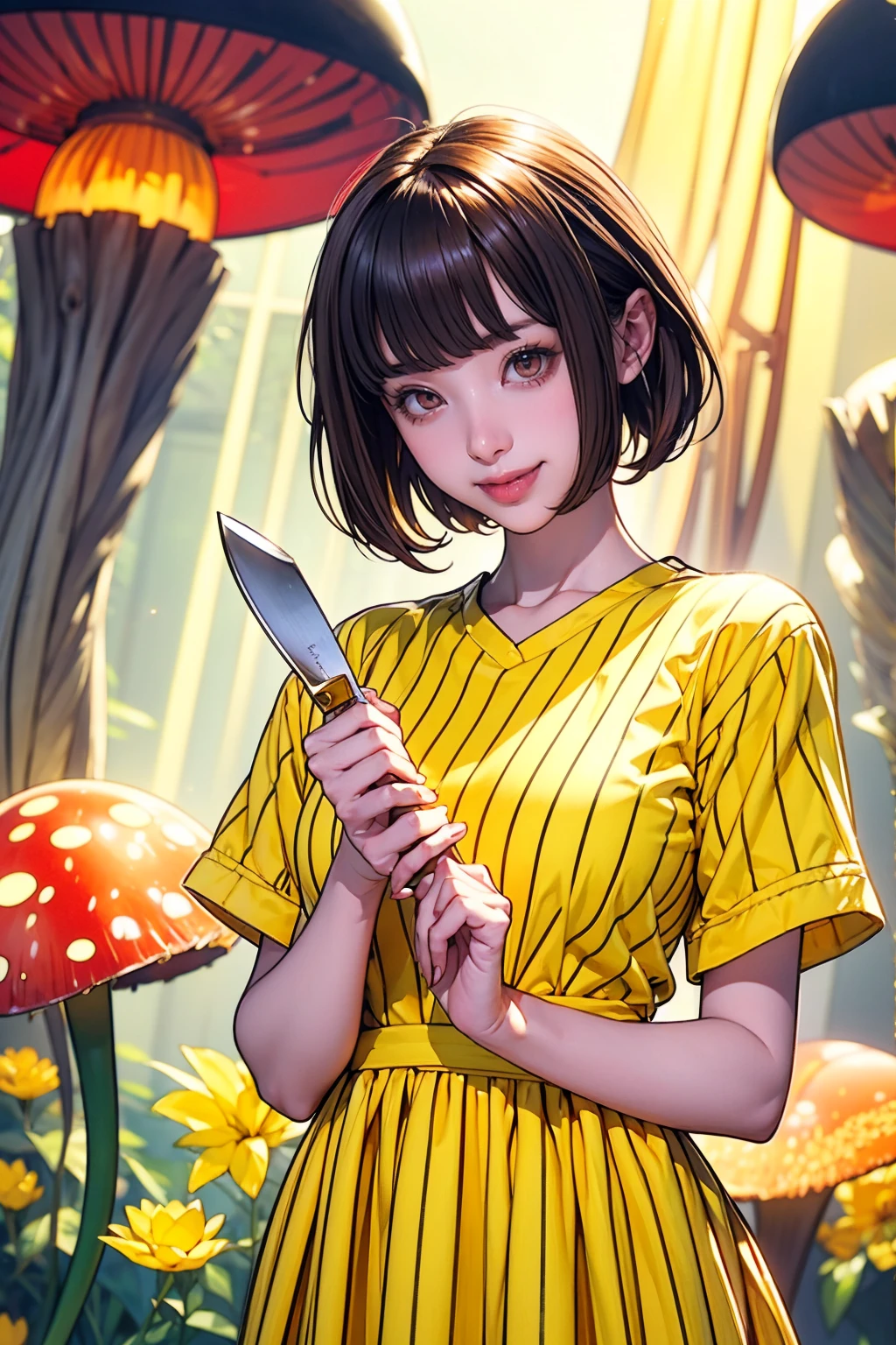 Red eyes, girl, Holding a knife, A yellow-green striped shirt with thick stripes, Red eyesが赤く光る, Tilt your head, Short brown hair、mushroom head, With a bright smile on his face, Character, Second Dimension, Golden flowers with a line of light overhead々standing between