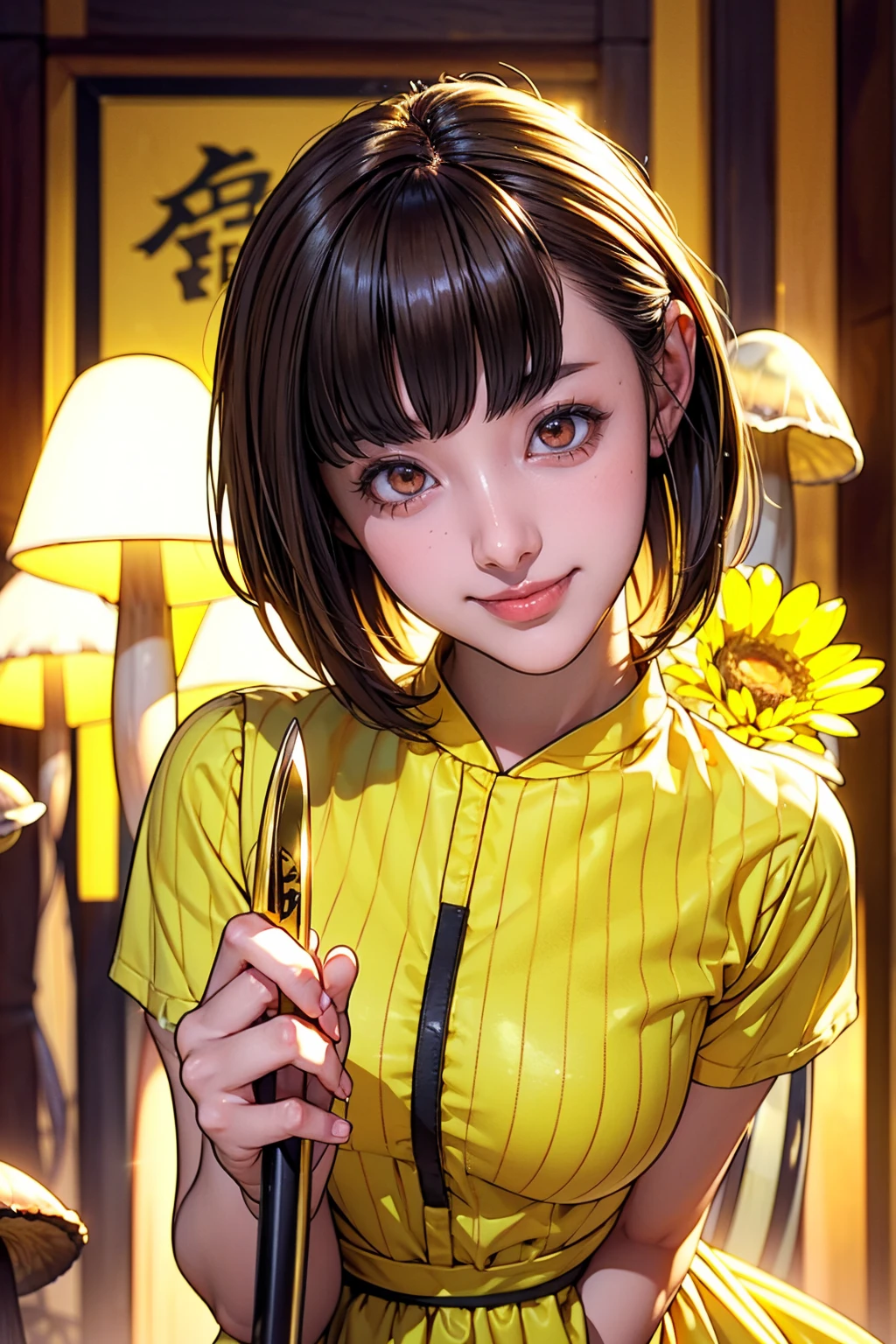 Red eyes, girl, Holding a knife, A yellow-green striped shirt with thick stripes, Red eyesが赤く光る, Tilt your head, Short brown hair、mushroom head, With a bright smile on his face, Character, Second Dimension, Golden flowers with a line of light overhead々standing between