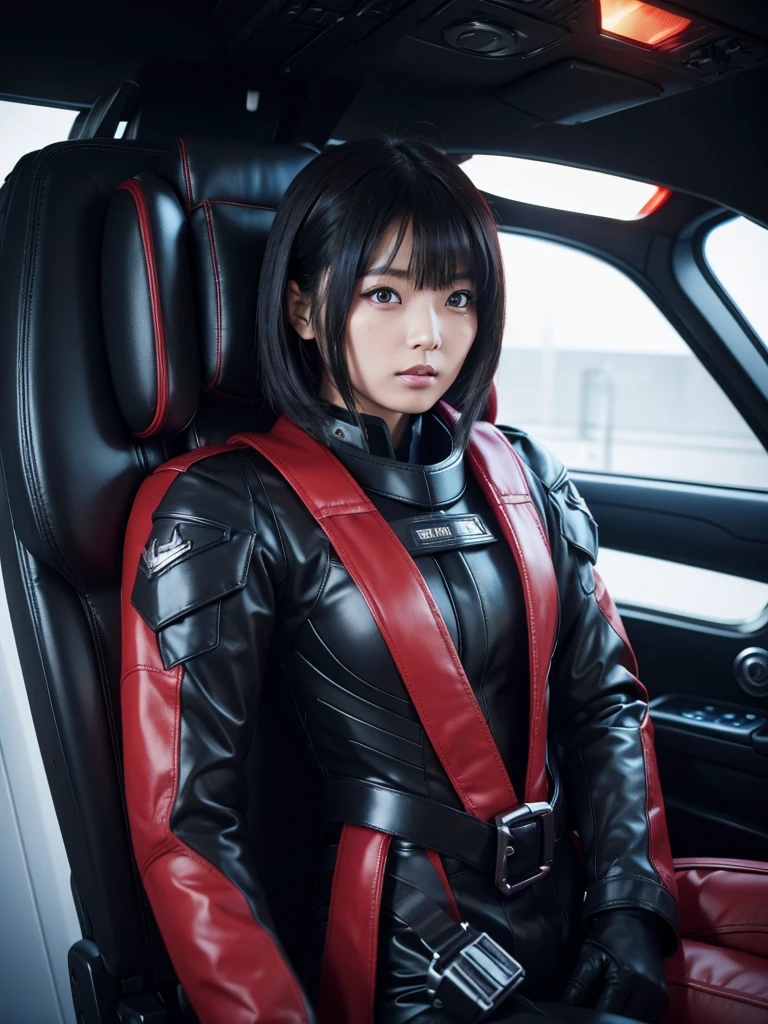 Japanese Heroine of Justice,Black Hair,The spaceship's cockpit,Fully secured in the seat by a harness,Black and red skin-tight combat uniform,