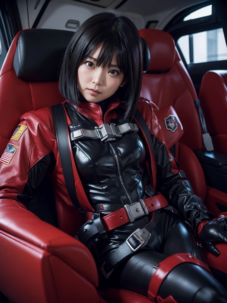 Japanese Heroine of Justice,Black Hair,The spaceship's cockpit,Fully secured in the seat by a harness,Black and red skin-tight combat uniform,