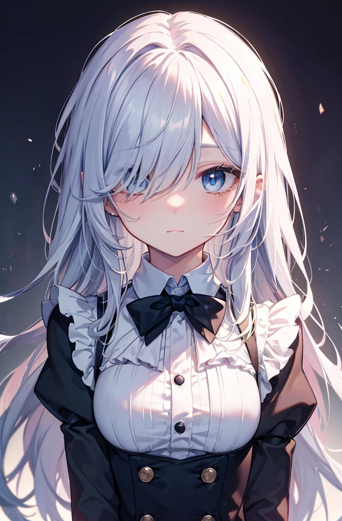 eyes visible through hair / bangs,(hair over one eyes),long hair、blue eyes,((Cute butler girl)),Odd Eye、