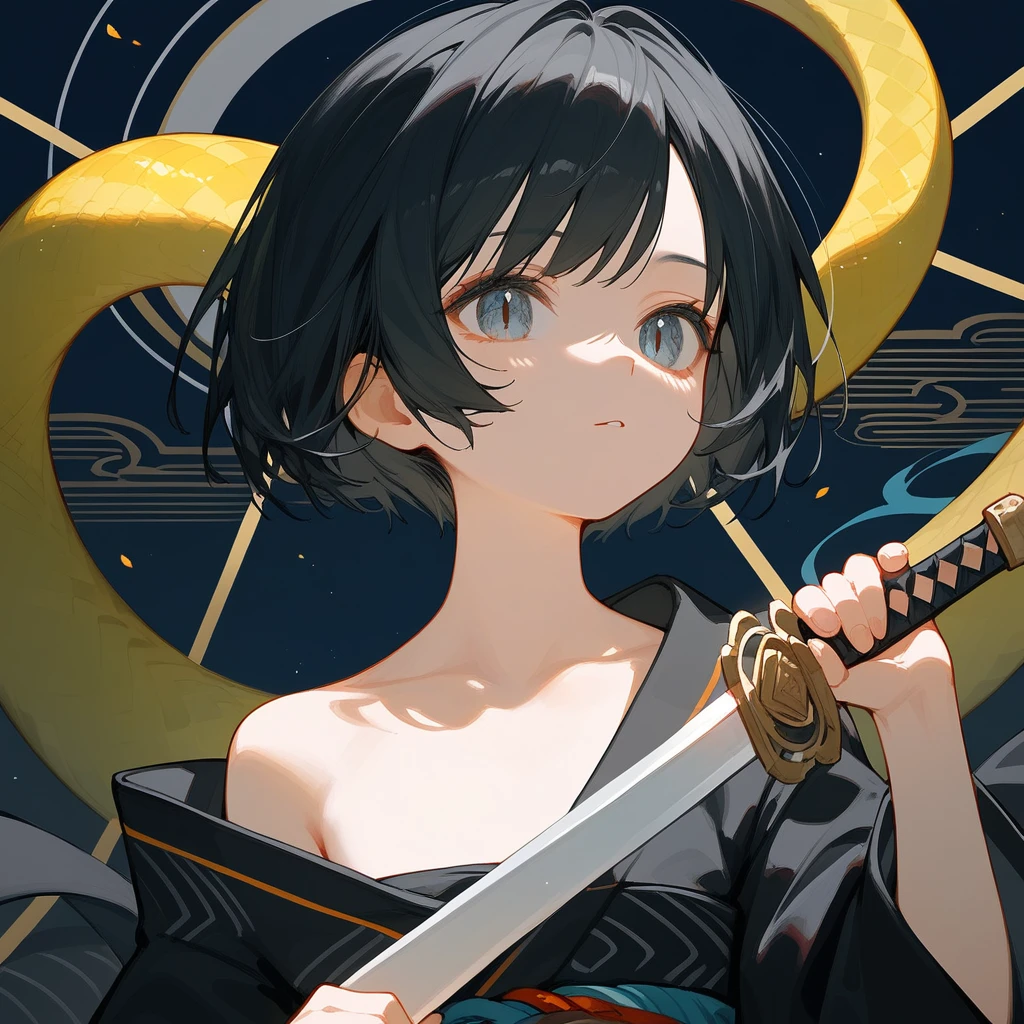 1 girl, Black Hair, iris, Off-the-shoulder kimono, beautiful_face, Black snake motif, Kimono with snake scale pattern, Solo Illustration, short hair, Black kimono, Holding a sword, Upper Body, Close ~ eyes, 笑face, Flat Chest