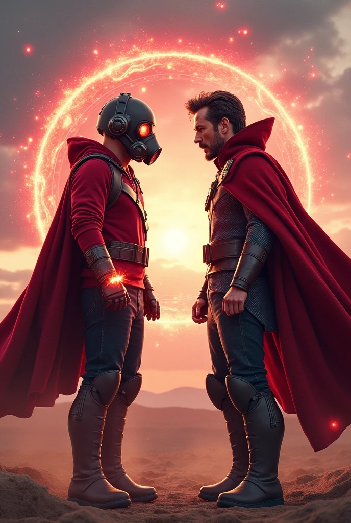 Young Star-lord with red hoodie, headphones, star-lord helmet, gas helmet, covered mouth, round red eyes, Red eyes, magic rings in the hands and rocket boots, Vs. Doctor strange , Fighting, power, fiction, full body, 2 person, magic lasso, hight, fall, fire in boots, poweful spells, fighting, realistic, helmet, mask, red cape, confrontation, punch, gun, flying in the sky, red magic portal,