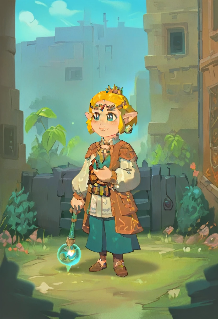 cute chibi style 1girl like totkzelda in zonai dress, score_9, score_8_up, score_7_up, short hair,flat chest, gl3b, standing on a stone path surrounded by vibrant flora. She holds a staff with a glowing orb at its tip. a beautifully detailed house perched atop a cliff, surrounded by lush greenery and overlooking a serene body of water.
