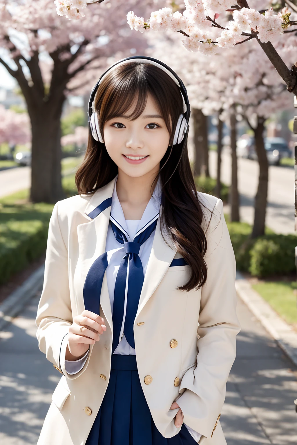 A beautiful Korean woman、A scene of a girl walking to school in a tight school uniform and listening to music。She has a charming smile、Keeping your gaze on us。The hairstyle and hair color are randomly set.、short hair、Long Hair、Long Wavy Hair、Bob Hair、Black Hair、Brown Hair、such as blonde、A wide variety of variations are possible。The background is the morning school route、Cherry blossom tree-lined path、Or set up in front of the school gates、The soft morning light gently embraces her。Wearing tight sailor suits and blazers that accentuate the lines of the body、Details include bows and ties.、Stylish yet clean look。She is enjoying music with stylish headphones.、Her relaxed appearance and seductive smile are in perfect harmony.。Focus on the woman&#39;s facial expression and pose、with her alluring smile and captivating eyes, should be depicted.。The overall atmosphere is、Morning Clearance々With、Something that exudes her charm and sexiness。