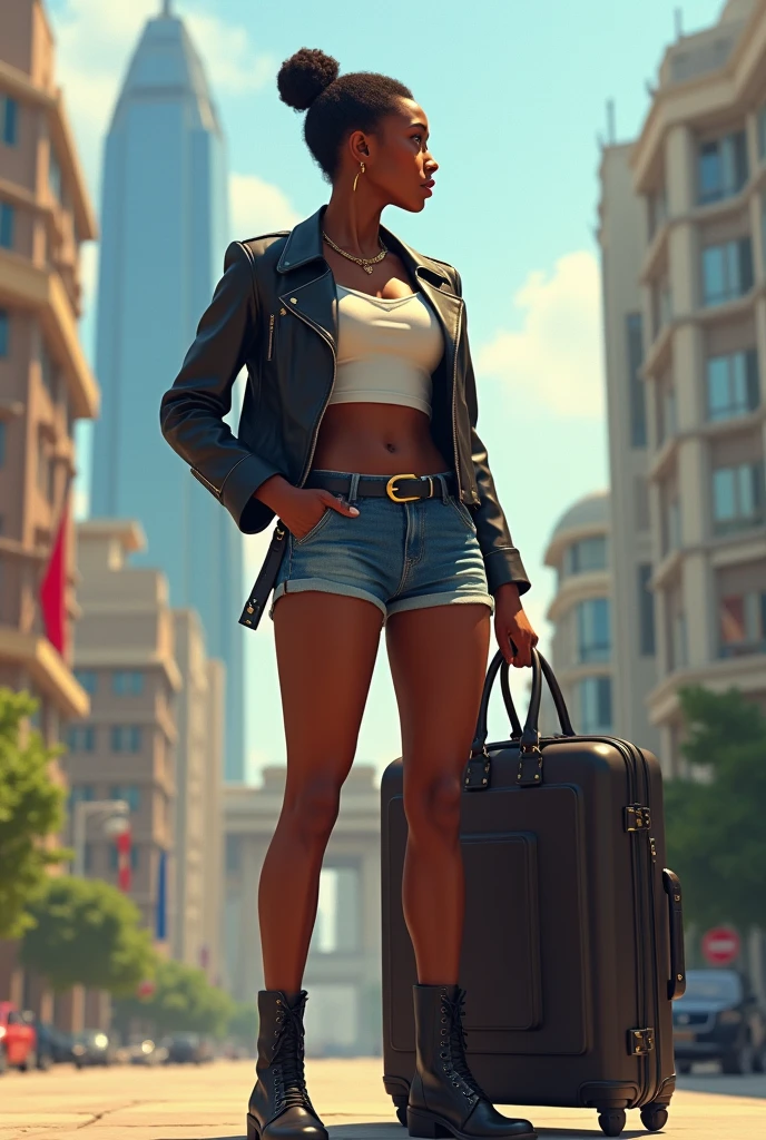 Femme africaine cheveux attaché veste cuir mini short jean grand sac a main valise, she becomes president of the republic