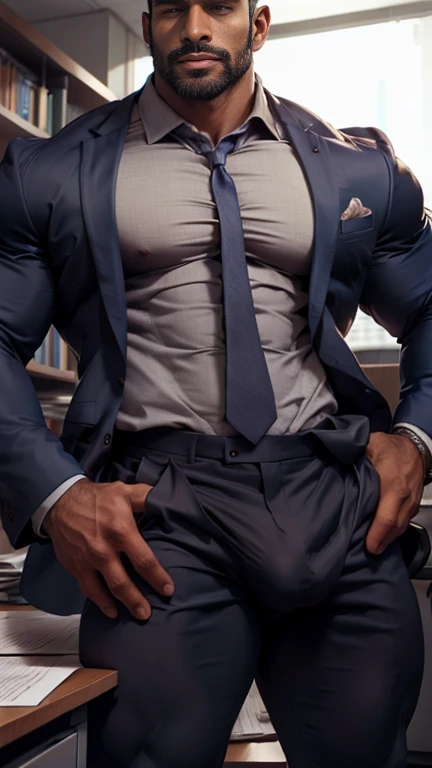 Front open Office suit and showing hairy chest close up focus on press down and hold bulge by hand wetty bulge indian perfect wetty big hairy monster bulge in pant, masterpiece