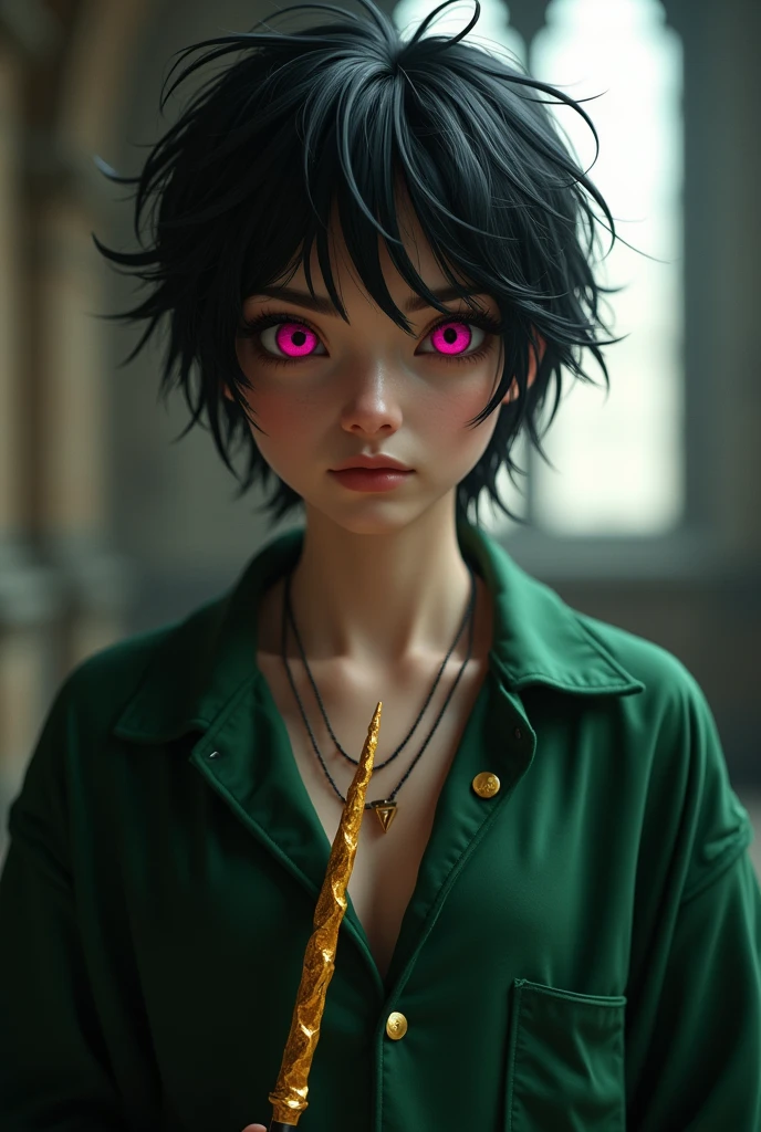 Hogwarts Slytherin student with messy black hair, bright pink eyes, slightly open shirt and a golden wand