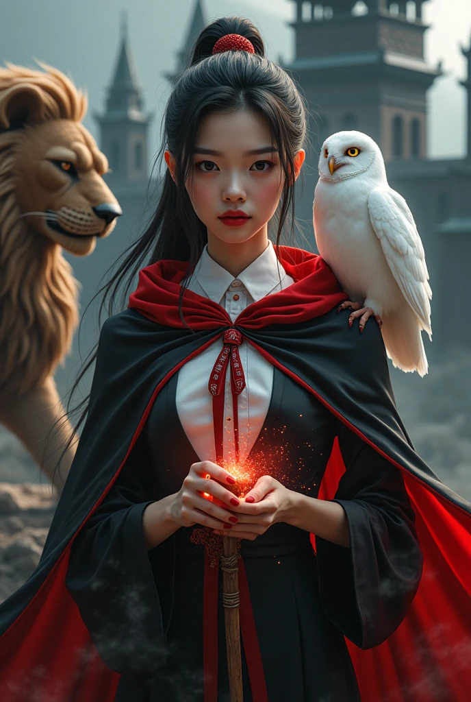 photo, asian woman, white skin, Slender face, Facing straight, Fluffy black hair, Long slender fingers, Black witch cloak, Red Hood, black witch hat, White collared inner shirt, Small red and white patterned tie, Holding a magic wand, There were several red sparks and red smoke coming out of the wood., A white owl stands on the right shoulder., A large golden lion appeared from the left rear side., The background is an old black castle.