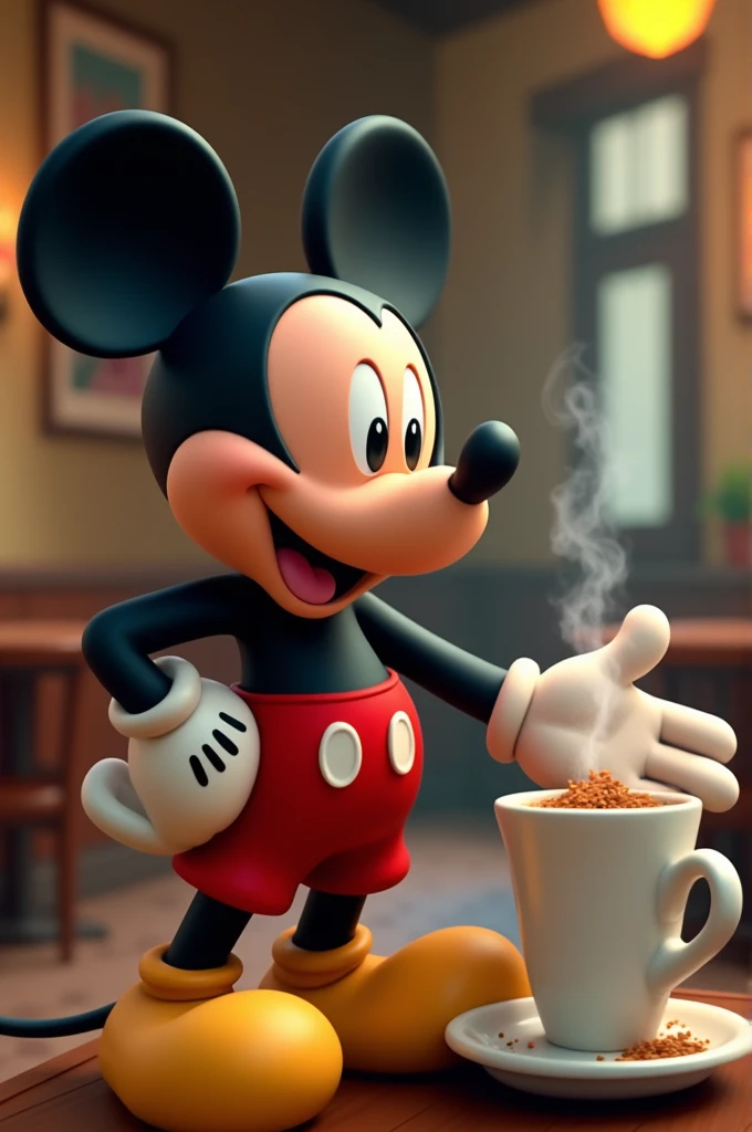 Mickey Mouse explaining a cup of Colombian coffee