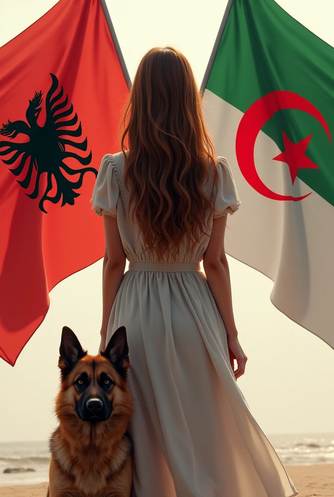 Young woman long brown hair from behind with an Albanian and Algerian flag . Next to it is a German shepherd 