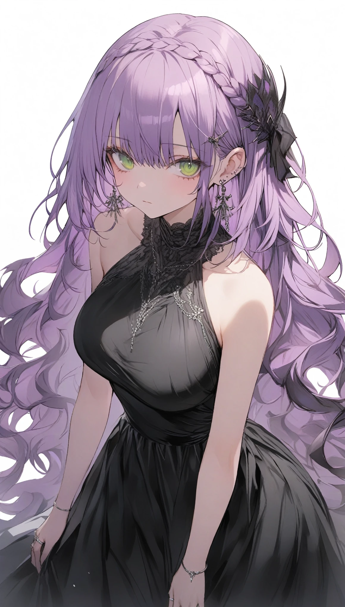 {{masterpiece}}, The best quality of life, 超High resolution, Attention to detail, high quality, High resolution, 最high quality, 4K, 8k,Attention to detail、BREAK、Bright reddish purple hair、very long hair、parted bang、wavy hair、Crown braid、 headband、BREAK、One Woman、Perfect proportions、medium breasts,BREAK,Perfect green eyes、Expressionless、BREAK,((White background))BREAK、Black party dress,Sheath dress、deep U-neek、during、earrings、gloves、ring、BREAK、Cowboy Shot、Watching Me