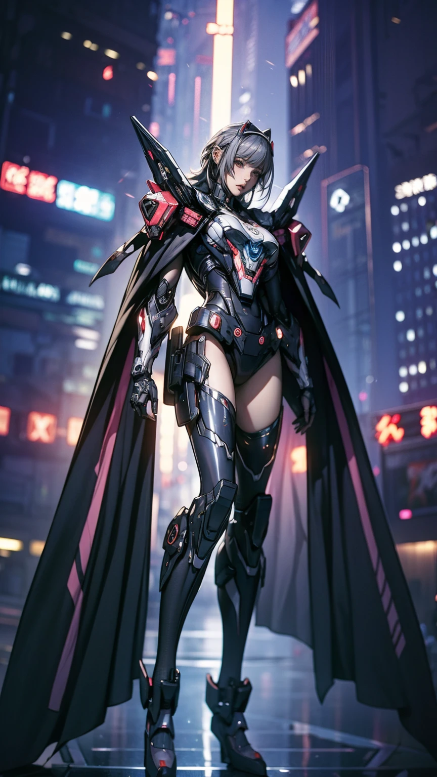 masterpiece, Highest quality, 4K, Mecha, starry null, null, performer(null), Cape, head band, Thin legs, Long Hair, Gray Hair, cyber punk, Depth of written boundary, Blurred Background,