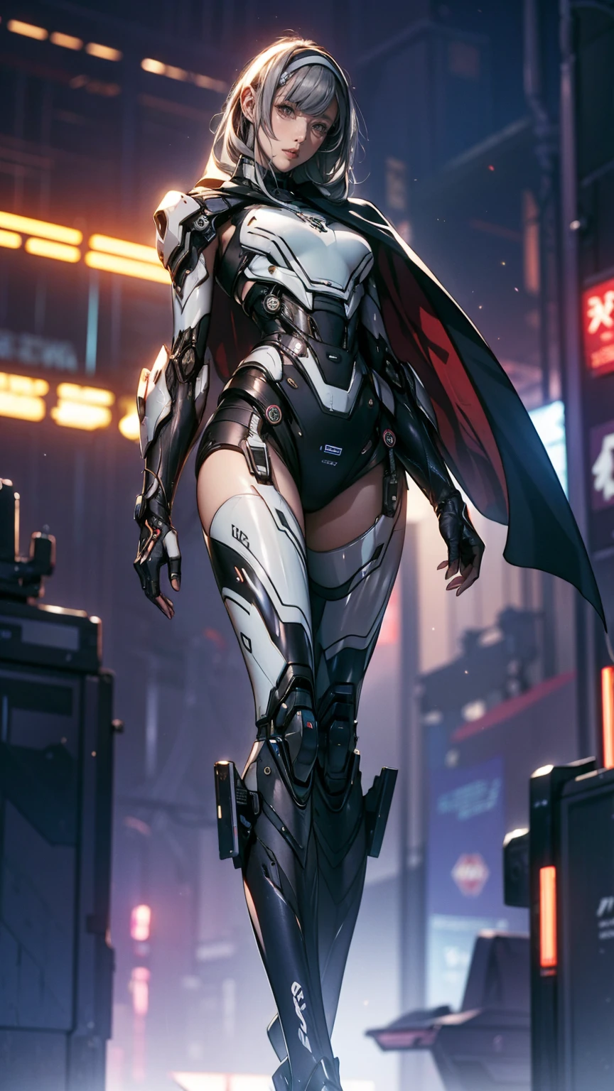 masterpiece, Highest quality, 4K, Mecha, starry null, null, performer(null), Cape, head band, Thin legs, Long Hair, Gray Hair, cyber punk, Depth of written boundary, Blurred Background,