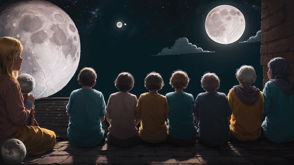 Painting of a group of people looking at the moon on a roof, in the moon, big moon, sitting on the moon, in front of a big moon, looking at the moon, big moon, full big moon, to the moon, the moon shines with golden light, Moonlight fish eye illustration, in front of the moon, looking at the full moon