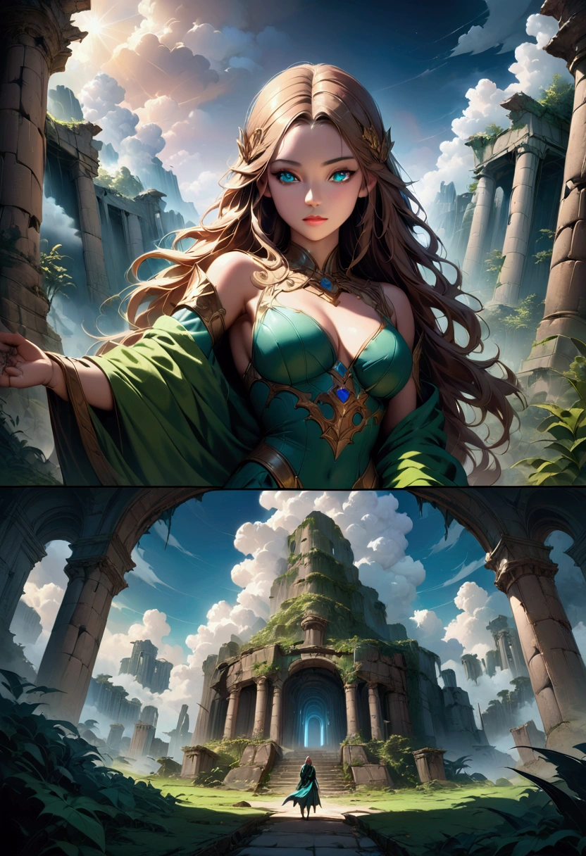 epic fantasy landscape, dramatic lighting, beautiful detailed eyes, beautiful detailed lips, extremely detailed face and portrait, volumetric clouds, lush vegetation, ancient ruins, atmospheric mist, dramatic angles, cinematic composition, vibrant colors, digital art, concept art, photorealistic, 8k, best quality, high resolution, masterpiece