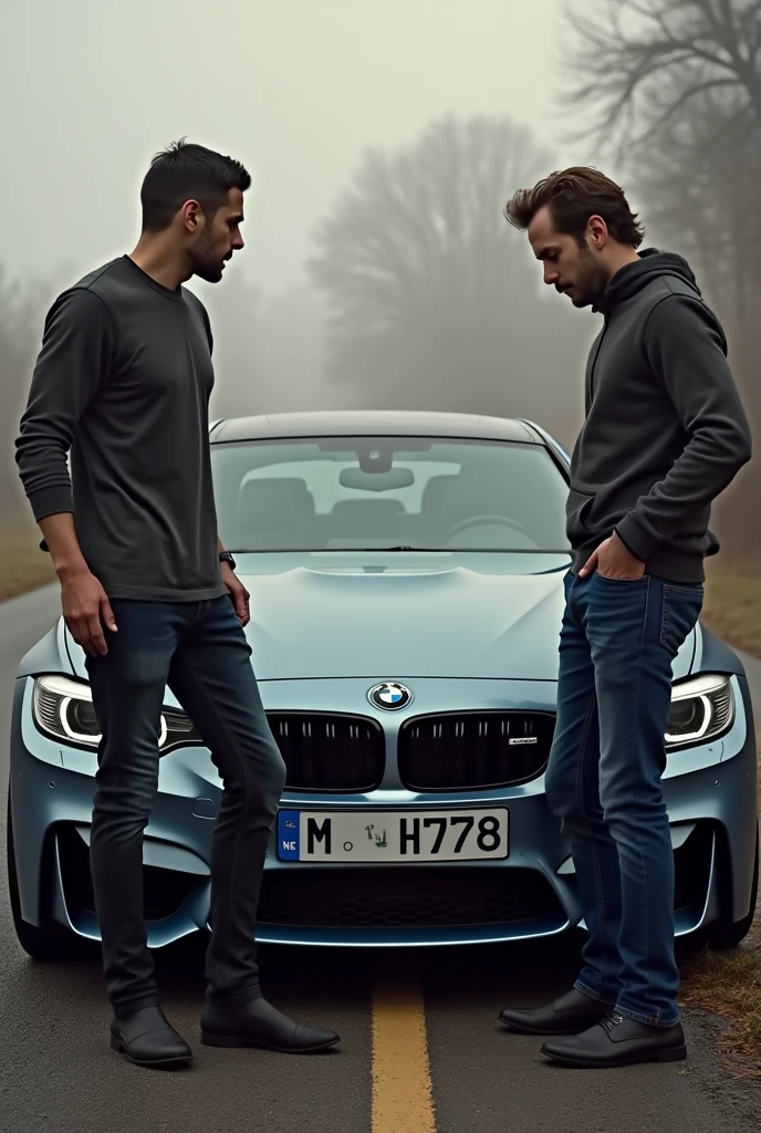 Two men look at a BMW and are so surprised that they take out their dicks and start masturbating each other