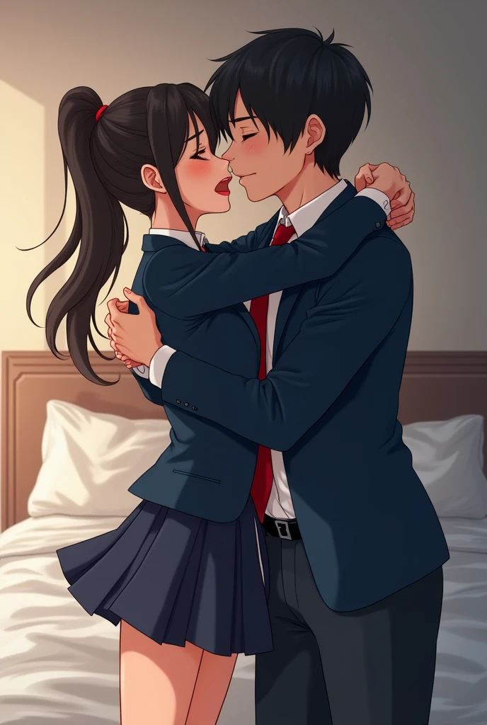 (masterpiece, Highest quality, High resolution)), A white high school girl and her father in his 40s share a passionate kiss, (Realistic: 1.4), Excited, Closed eyes, close your eyes, Closed Mouth, Shut your mouth., Great face, Glossy Lips,, ponytail, (Beautiful Hair:1.5), Slender, Japanese High School Uniform, (Navy Blue Blazer, Navy blue jacket).
(White dress shirt). (Red tie). (Very short pleated skirt). At the bed, ((A passionate kiss with a father in his 40s, My father&#39;s mouth covers 