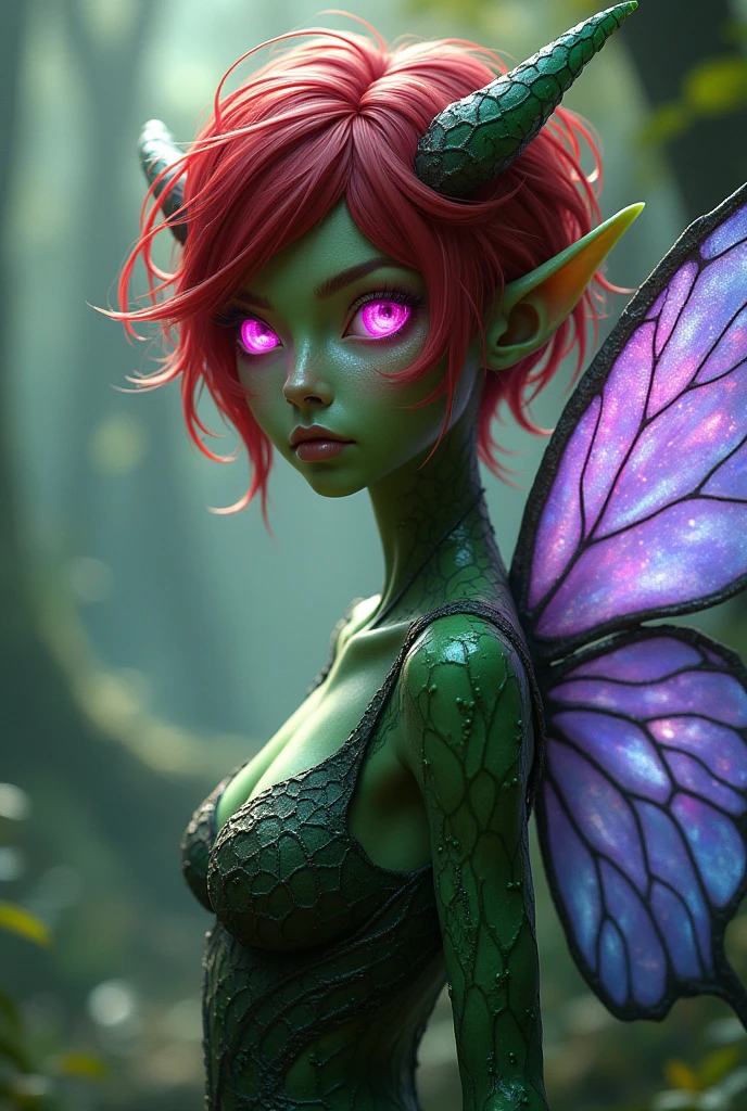 Magical fantasy creature
Fairy
Skin with scaly texture and branches
Greenish skinned woman with very bright pink eyes, short bright blood red hair
Translucent butterfly wings with purple and blue colors