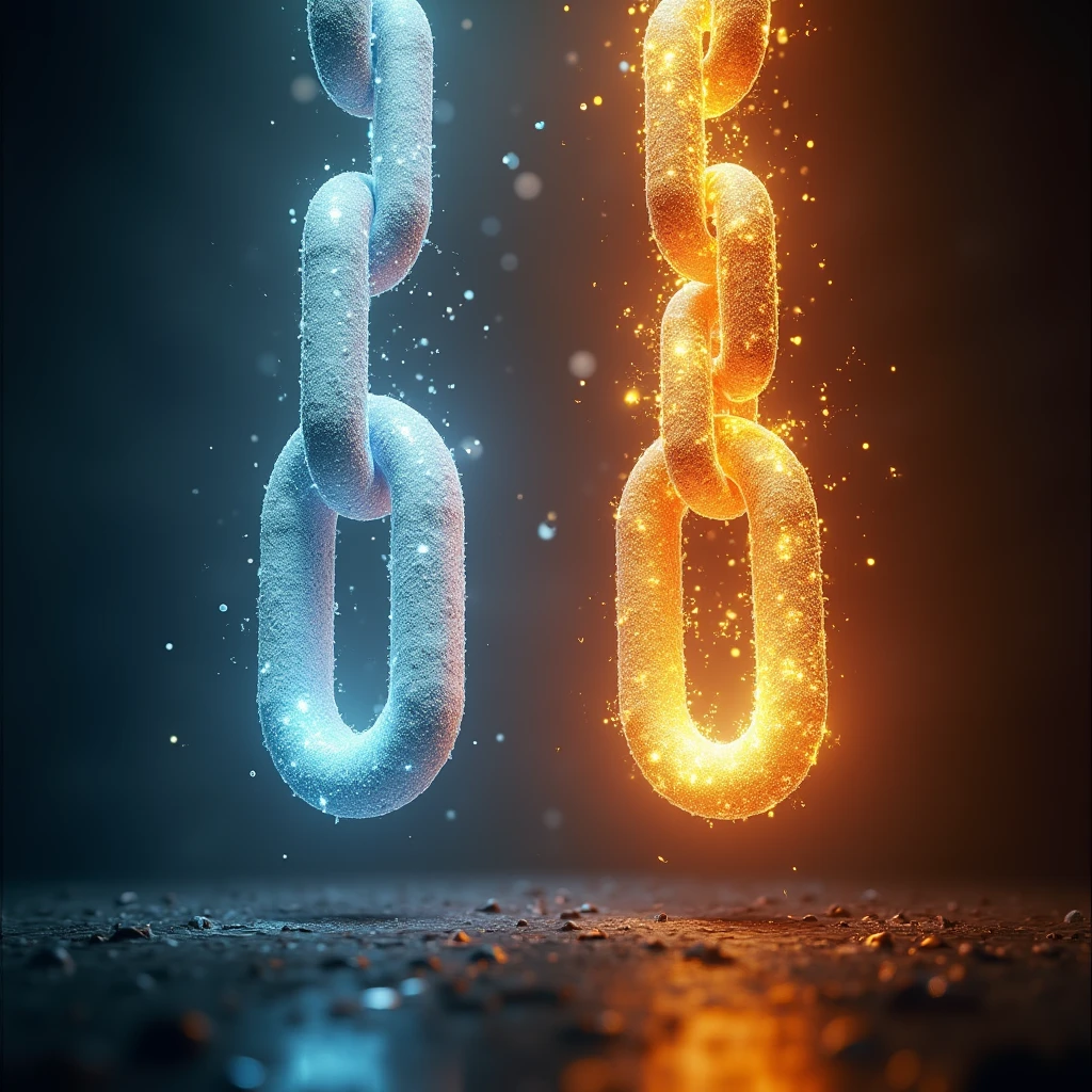 On the left is a huge chain with an ice effect., On the right is a huge chain with a fire effect., The chain is floating in the air, movie lights, shining light, Photo focused on the chain, Accurate and flowing chain