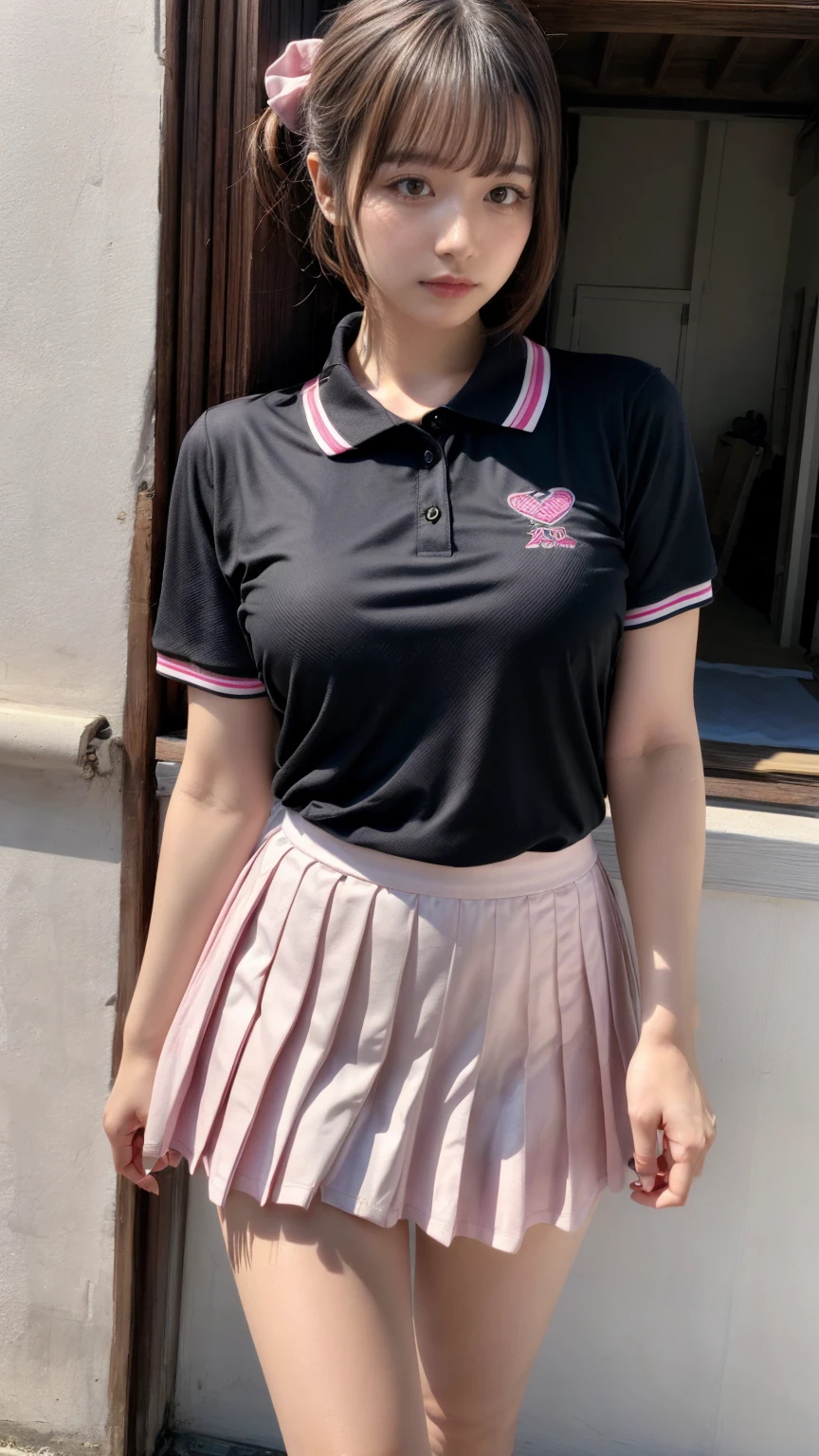 masterpiece, best quality, illustration, Super detailed, fine details, High resolution, 8K,wall paper, perfect dynamic composition,(Details High quality, realistic depiction of eyes:1.3),BREAK (white theme:1.4), (tucked-out short sleeve white polo shirt:1.4), (pink lines on tops outline:1.3), (pure white pleated mini skirt:1.3), (hem of top covers top half of skirt:1.3), (pink fluffy scrunchie on wrist:1.3), (white and pink sports shoes:1.2),large breasts,short bob hair, black hair color, Big Natural Color Lip, bold sexy pose, crying a little、20 year old girl、cute type、beautiful legs, hposing Gravure Idol