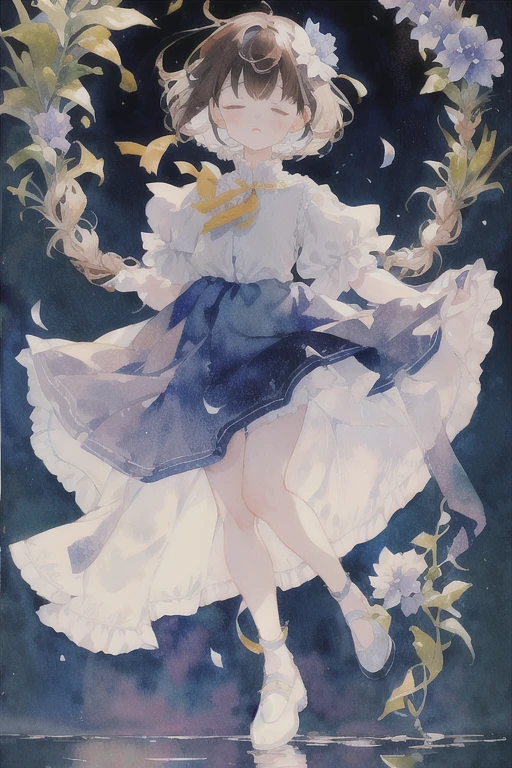 -watercolor, 1girl, solo, flower, dress, short hair, closed eyes, hair ornament, hair flower, white background, braid, white dress, blue flower, simple background, twin braids, full body, frills, shoes, brown hair, puffy sleeves, black footwear, bangs, closed mouth, short sleeves 