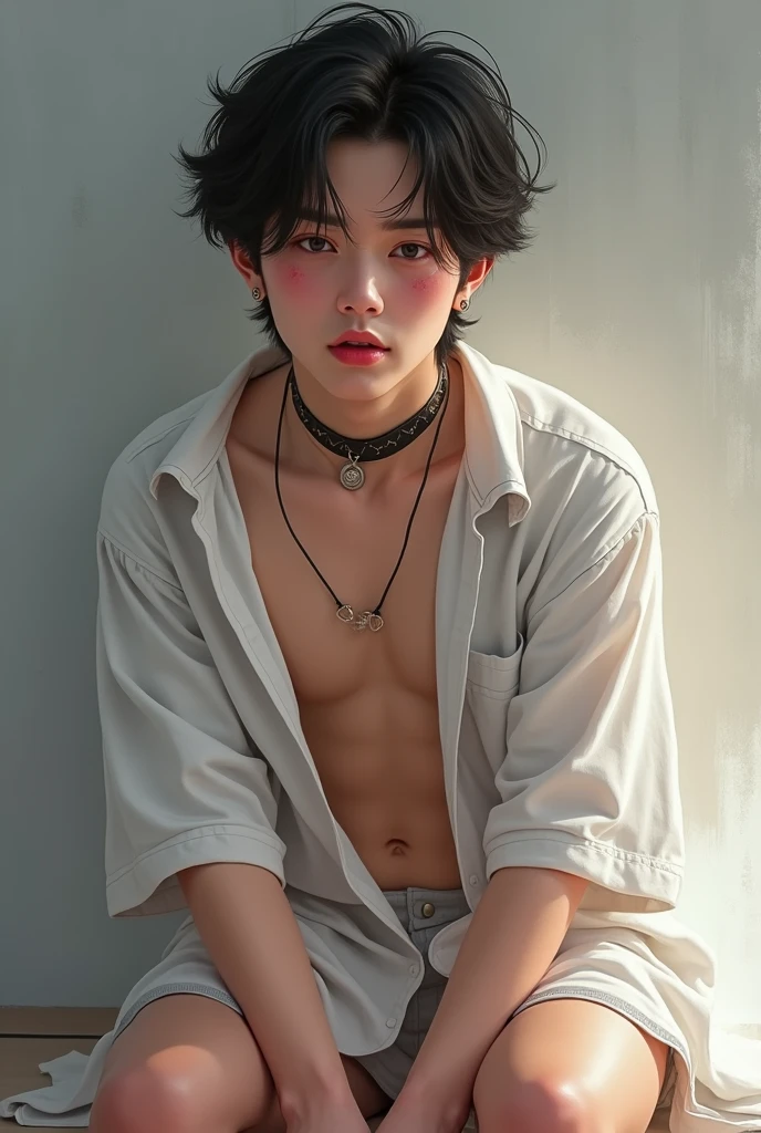 Kim sunoo looking submissive oh his knees, wearing a white loose shirt slipping pff his shoulders, eyes filled with tears cheeks flushed wearing a choker but not a amine character 