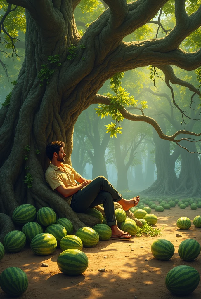 A man lying on a banyan tree has many watermelons on the site